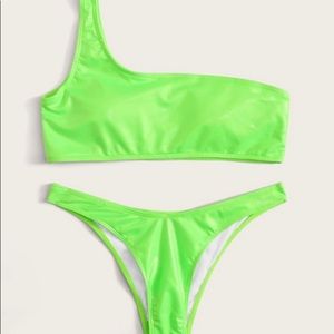Neon Green One Shoulder Top W/ High Cut Bikini - S